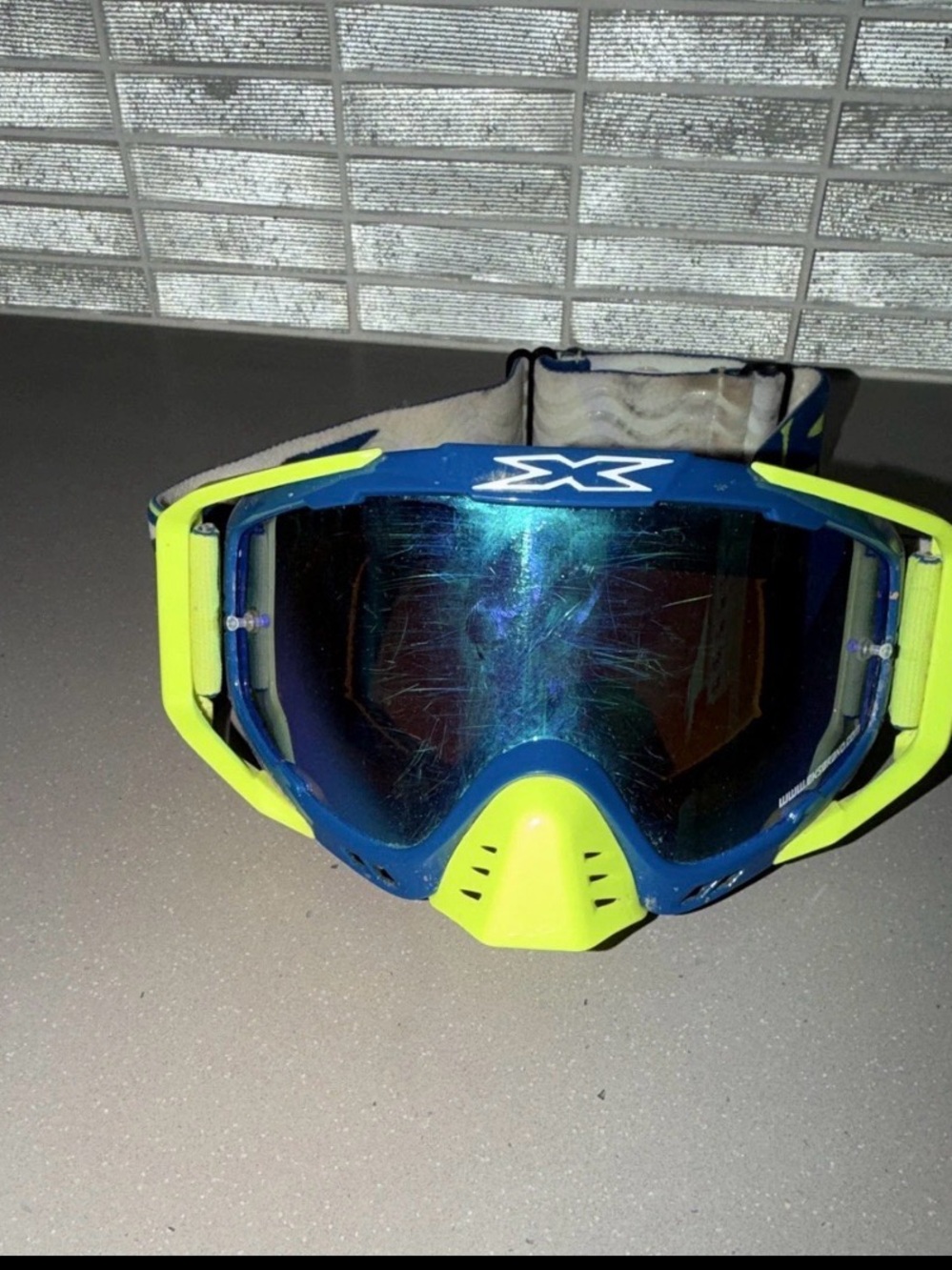 Blue and Neon Yellow Motocross Goggles with Mirrored Lens